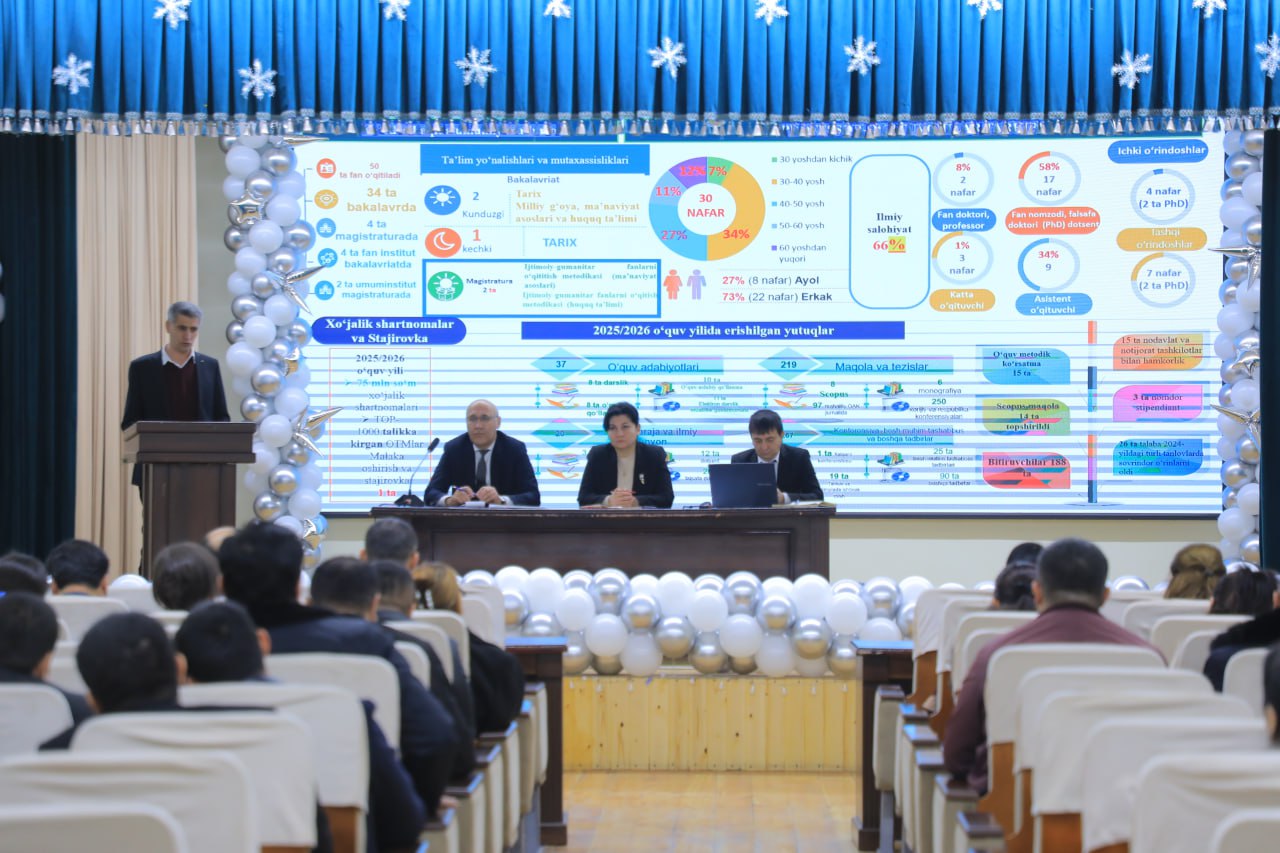 Buxoro davlat pedagogika institutida pedagog-xodimlar bilan 2025-yil yakunlari va 2026-yil ustuvor vazifalariga bag‘ishlangan uchrashuv bo‘lib o‘tdi